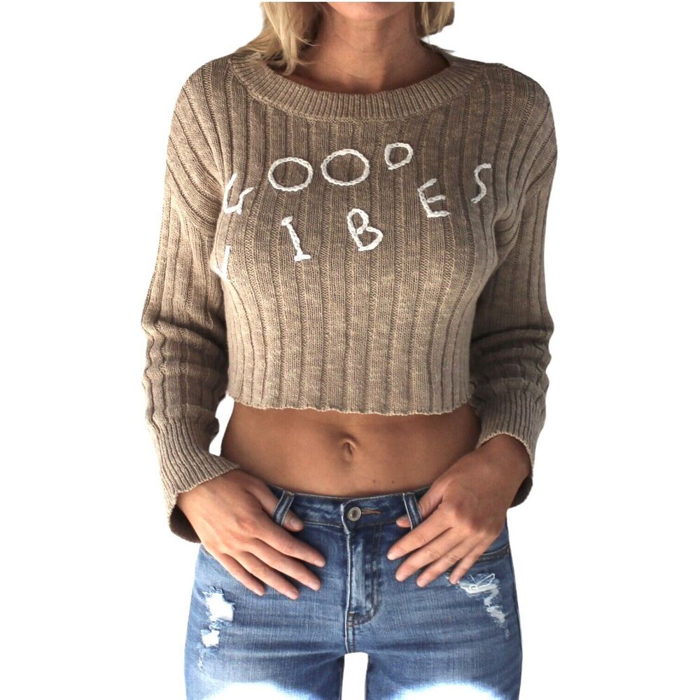 “Good Vibes” Rib Knit Crop Long Sleeve Sweater Tan Size Medium‎
